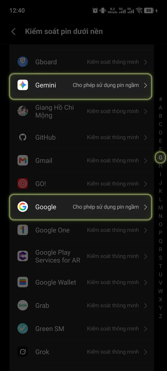 Màn hình Kiểm soát pin dưới nền trên Vivo: chọn chữ G để bật Cho phép sử dụng pin ngầm cho Gemini và Google.