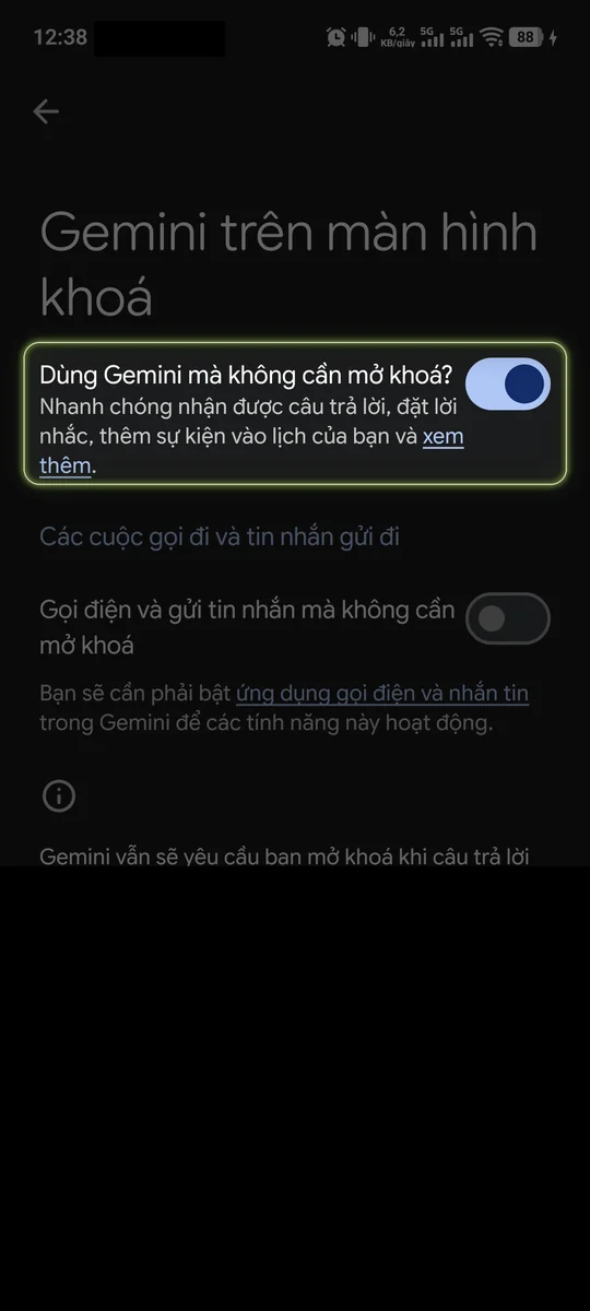 Màn hình Gemini trên màn hình khoá: bật công tắc Dùng Gemini mà không cần mở khoá.