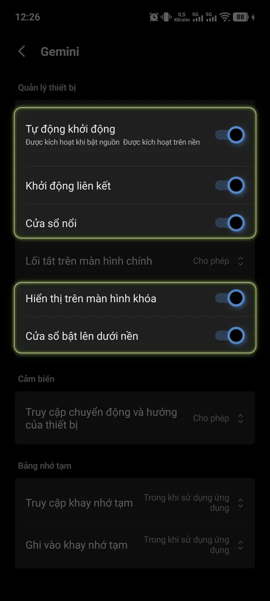 Màn hình Quyền của Gemini trên Vivo OriginOS với 5 quyền cần bật được khoanh khung xanh.