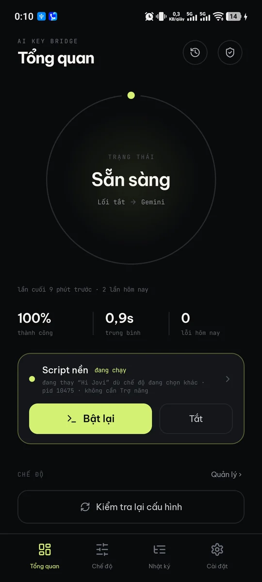 Màn hình Tổng quan của AI Key Bridge trên vivo: trạng thái Sẵn sàng, 100% thành công, thời gian trung bình 0,9 giây, script nền đang chạy.